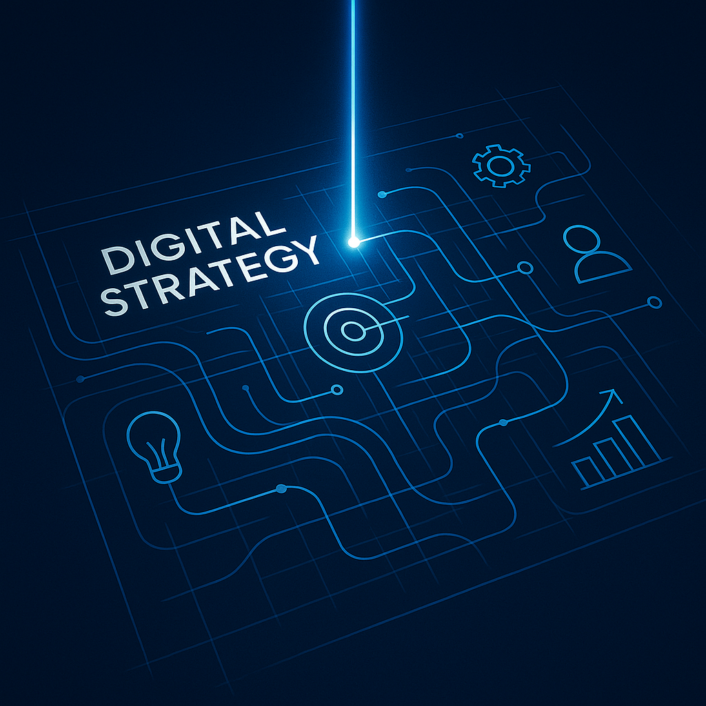 An abstract ultramodern blueprint being drawn by a single focused beam of light The blueprint outlines a complex digital strategy with flowing data lines interconnected icons and elegant typography The style is clean minimalist and uses a professiona-1